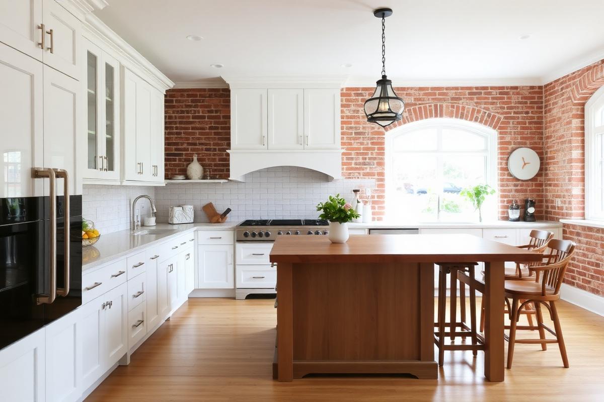 Farmhouse kitchen with brick wall