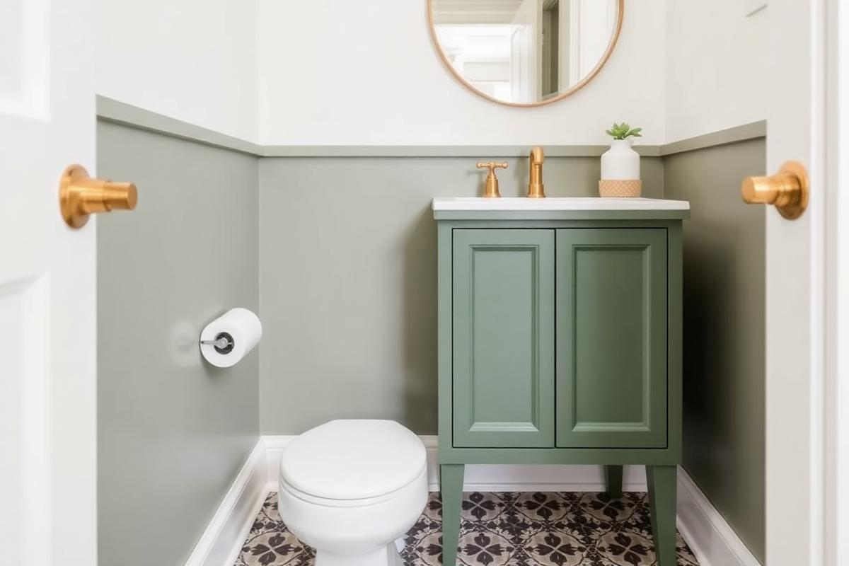 Powder room with green vanity