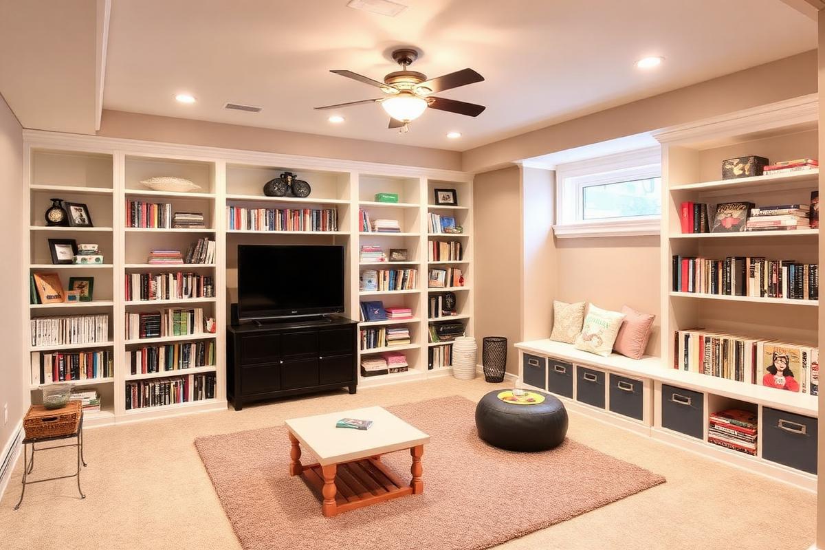 Basement playroom with built-ins